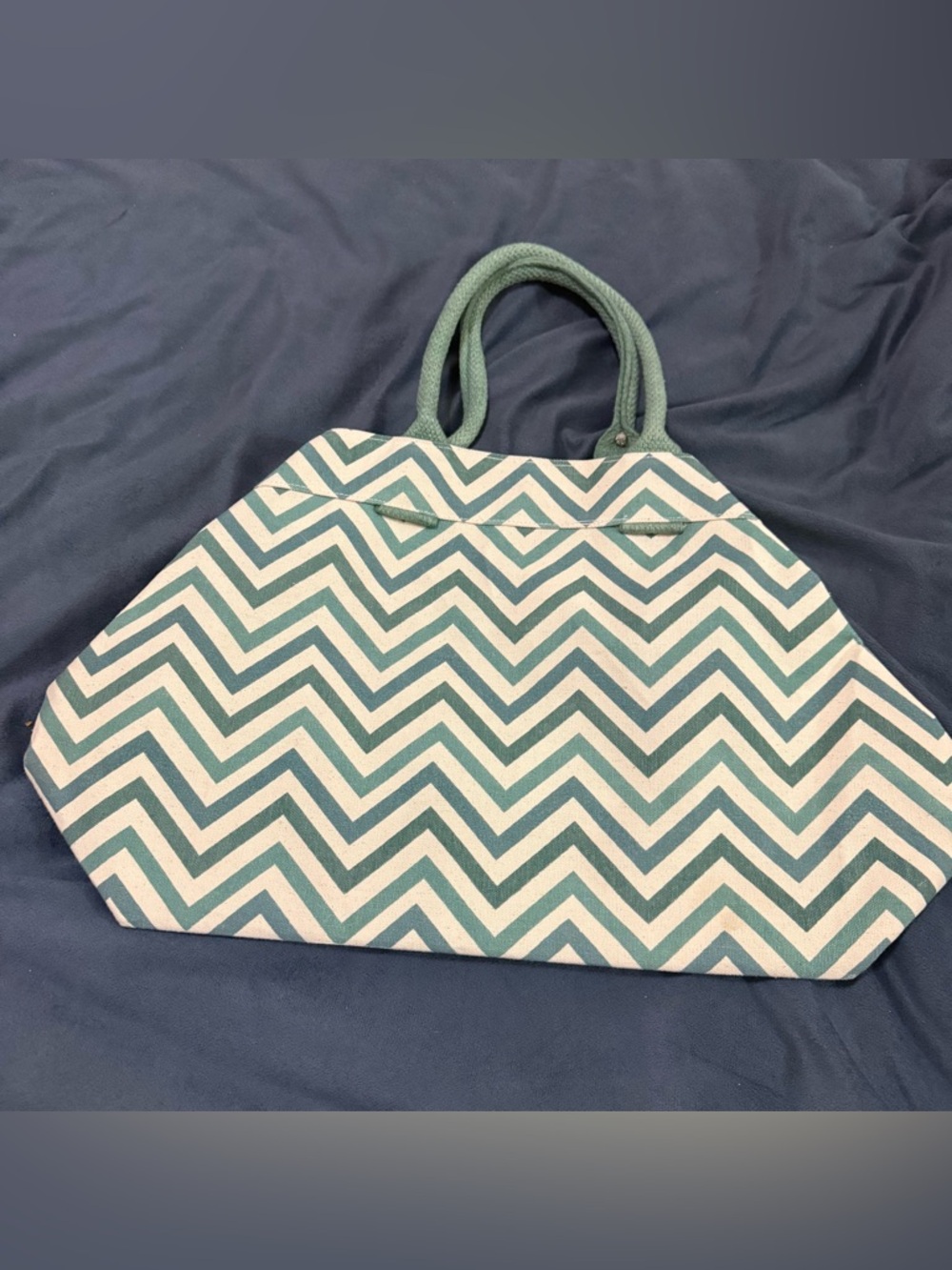 Ballards Design Chevron Canvas Tote beach Bag in Teal and White -vintage